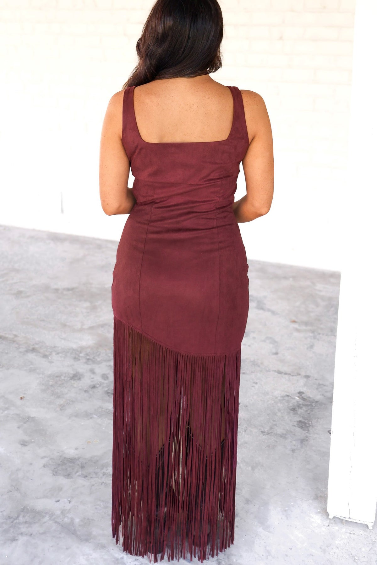 Never Been in Love Suede Fringe Midi Dress in Burgundy - back view