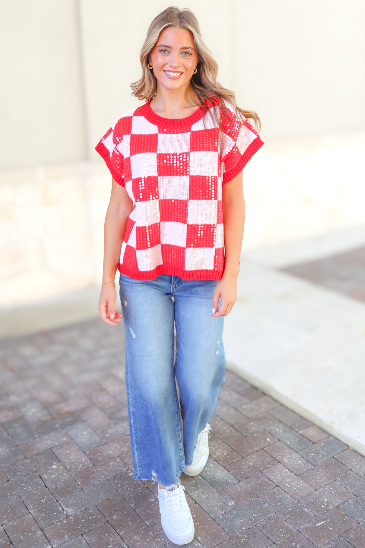 Just For Fun Sequin Checkered Sweater Vest in Red Size L/XL-TOP VEST