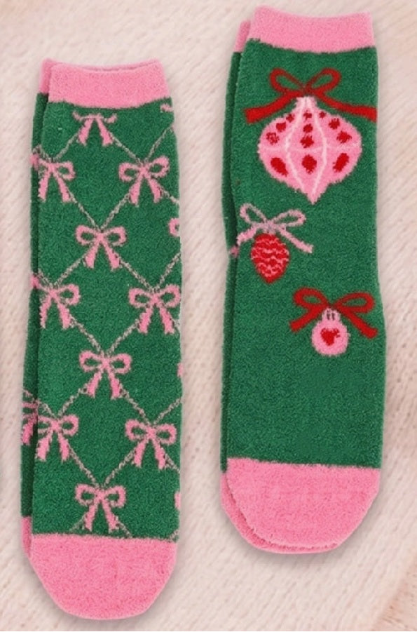 Feeling Fuzzy Ornament Socks in Green, shown on the right beside the bow socks