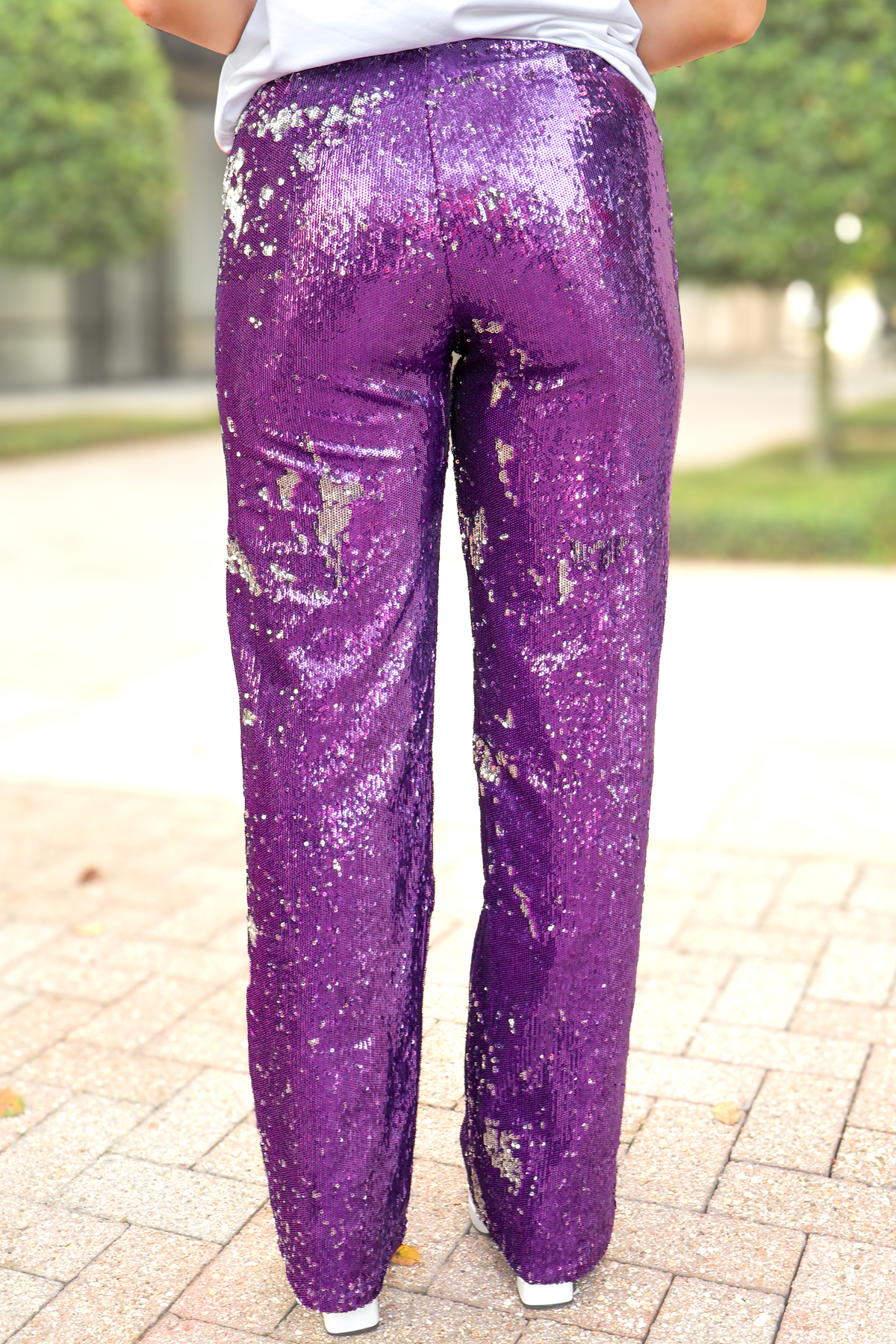Watch Me Shine Sequin Side Zip Pants in Purple - back view