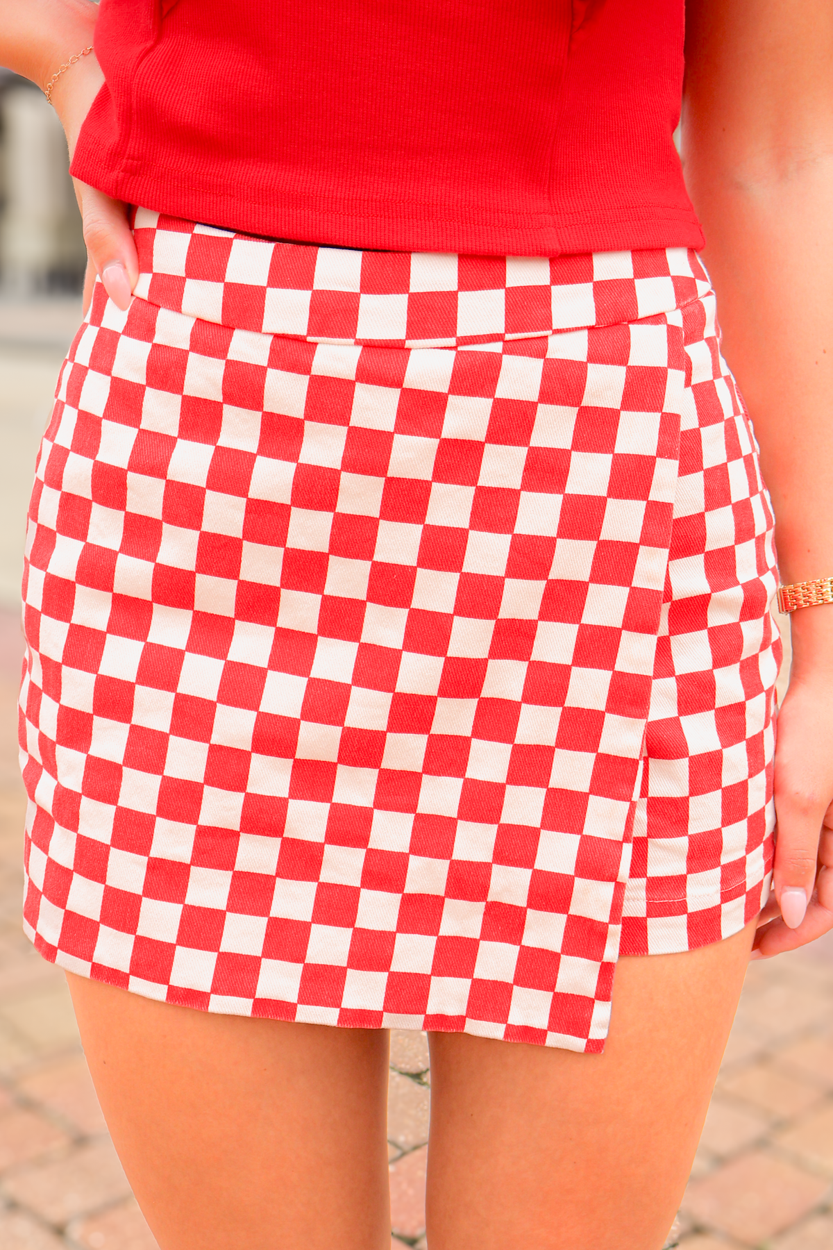 No One Compares Checkered Mini Skort in Red-SKIRT CASUAL PRINT