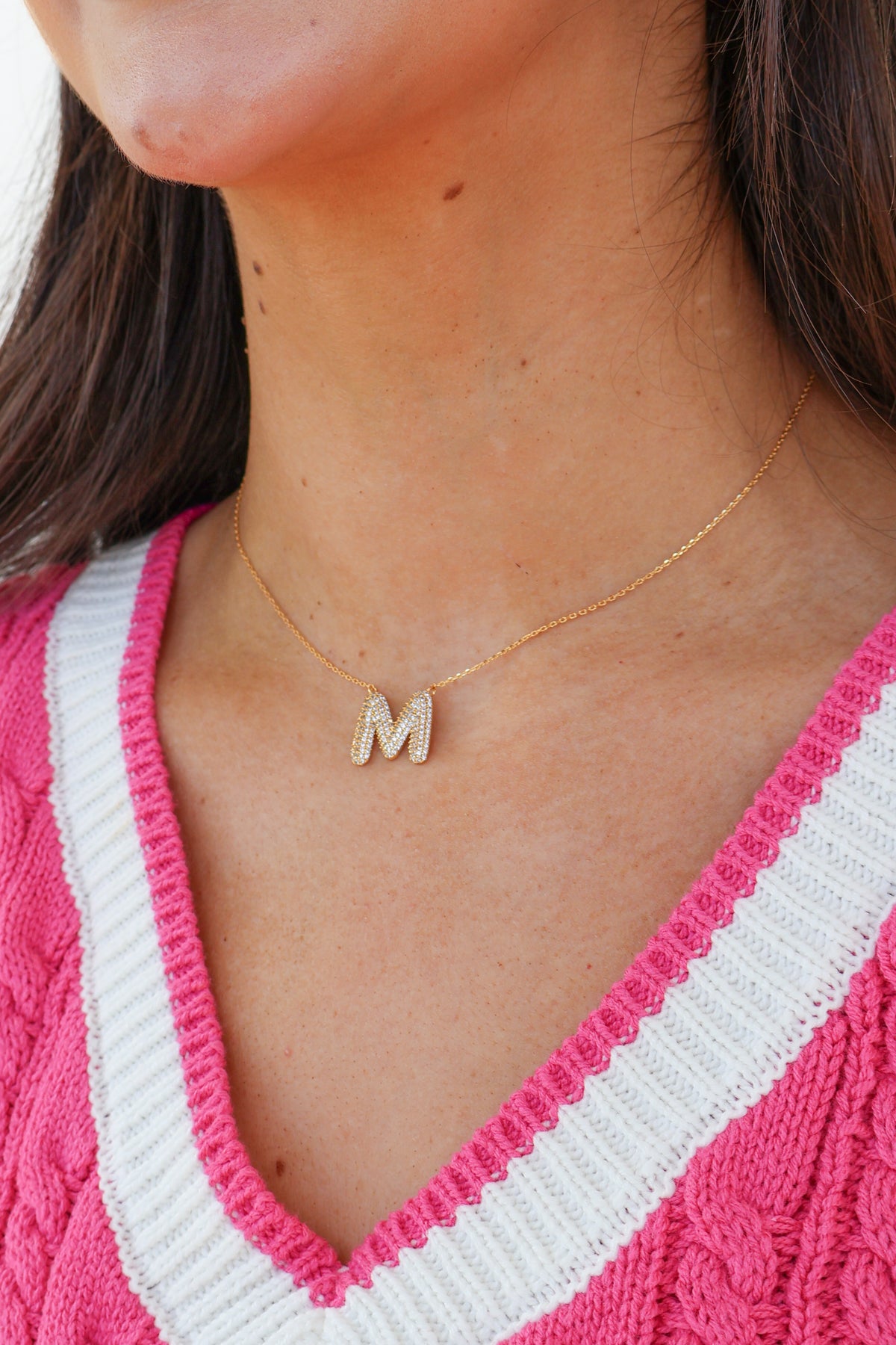 pave rhinestone initial necklace in gold