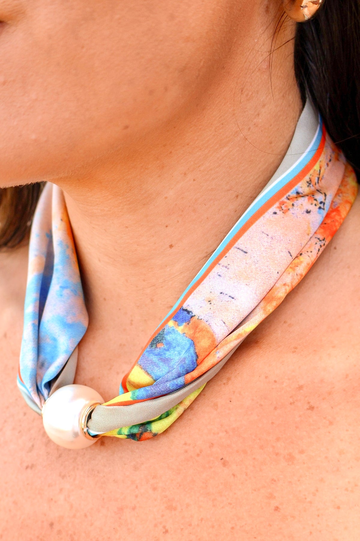 A New Direction Magnetic Pearl Watercolor Scarf Necklace in Blue and Orange
