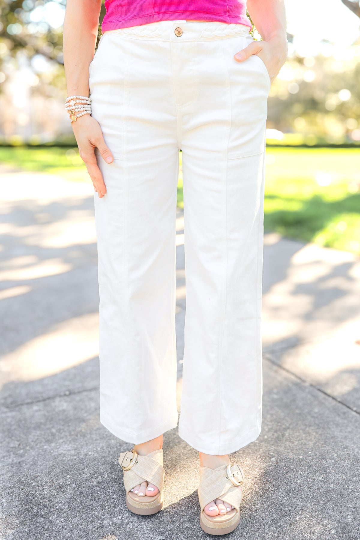 braided band straight leg jeans in white