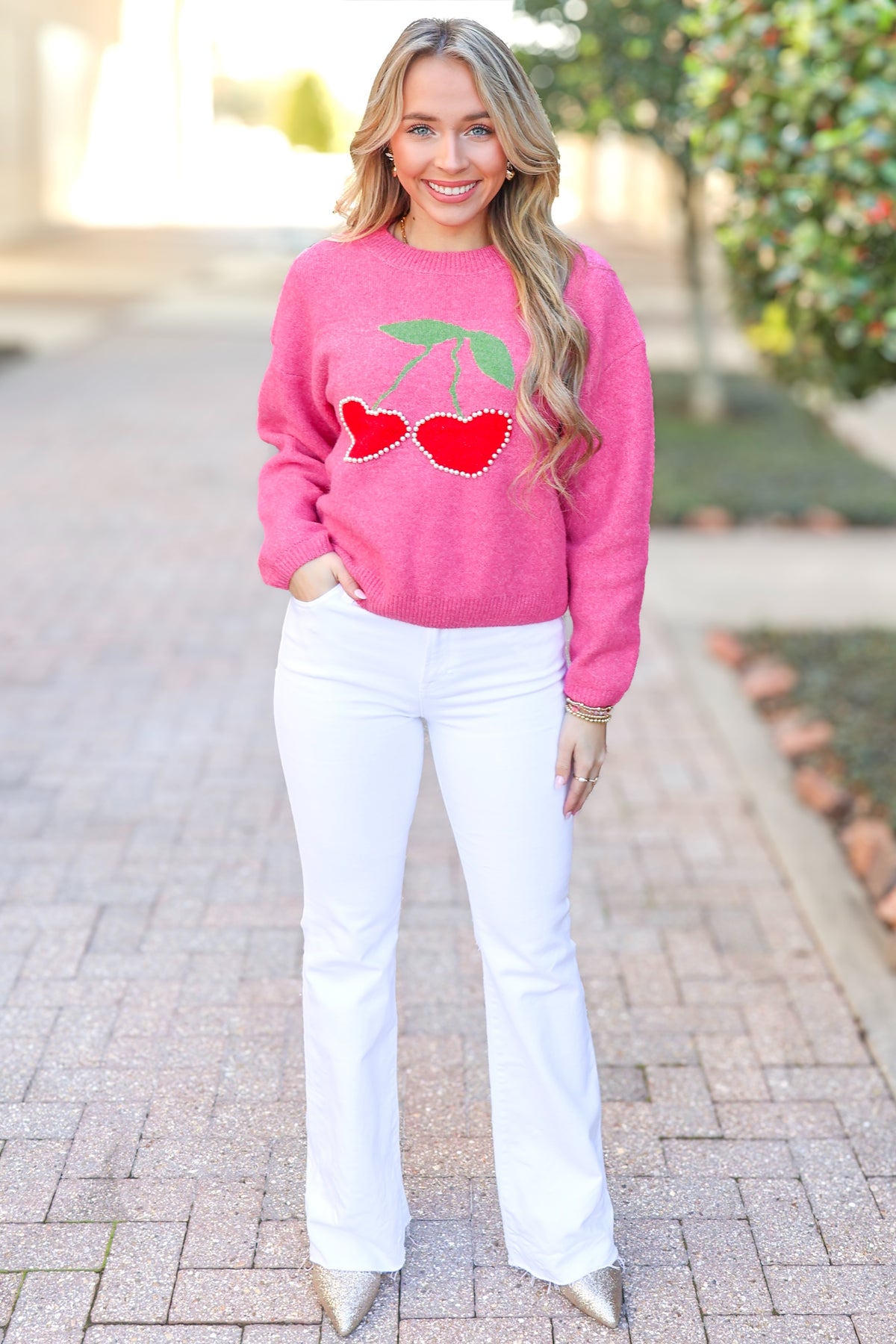 My Heart Pearl Embellished Cherry Sweater-TOP WINTER SWEATER