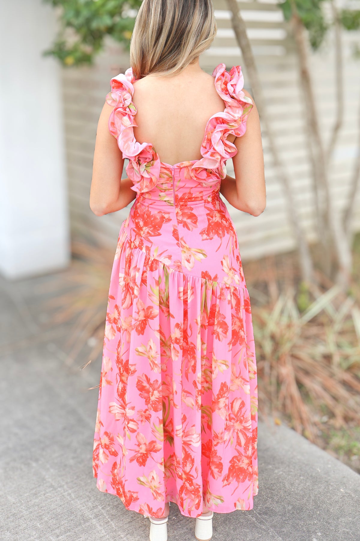 Always Radiant Ruffle Asymmetrical Ruched Midi Dress-DRESS CASUAL SOLID
