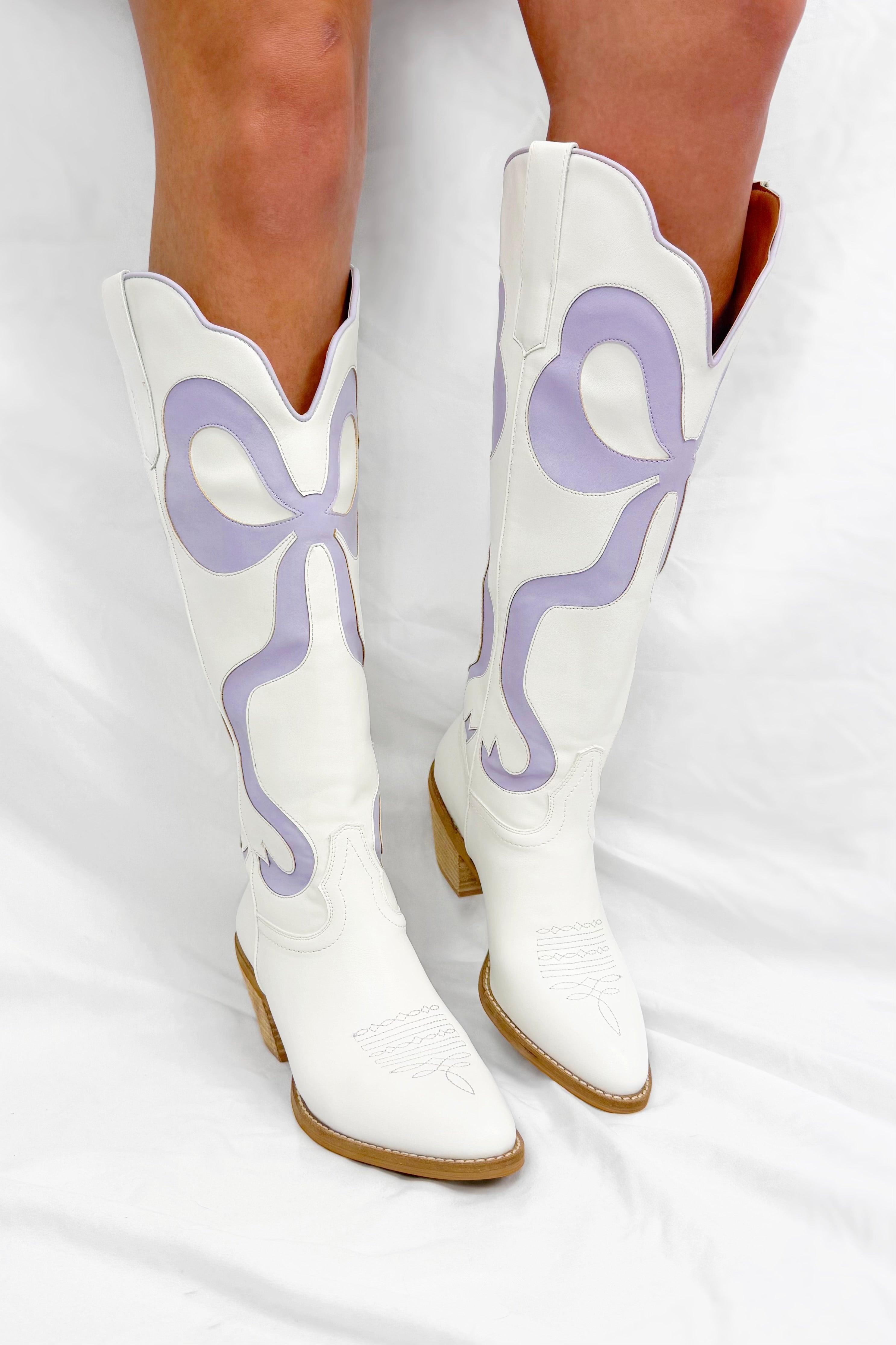 Hell Of A Show Large Bow Mid Calf Boots in Lavender Frock Candy