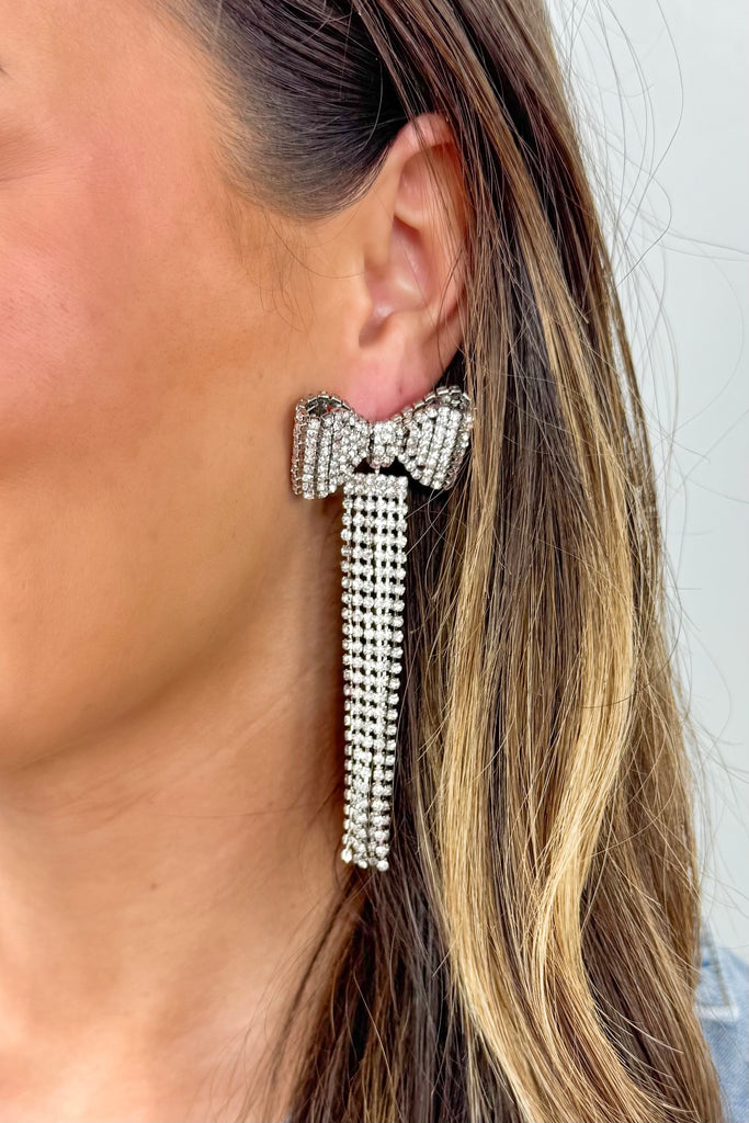 rhinestone bow tassel earrings