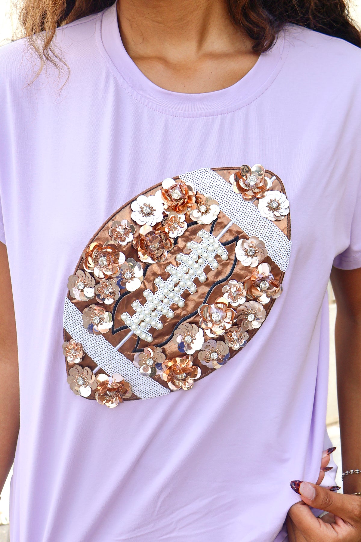Flower Football Tee by Queen of Sparkles in Lavender-TOP ALL LSU