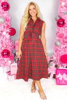 Hello Fall Plaid Tie Front Midi Dress-DRESS LONG
