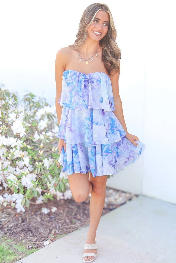 purple blue multi color strapless dress 