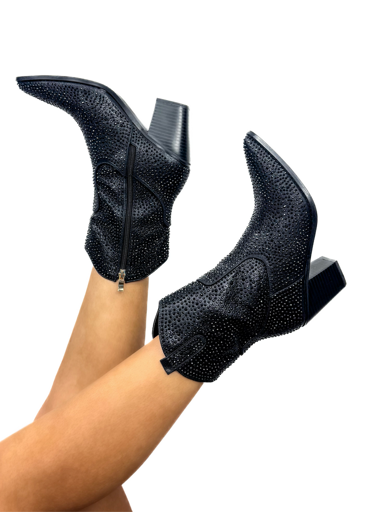 black rhinestone booties