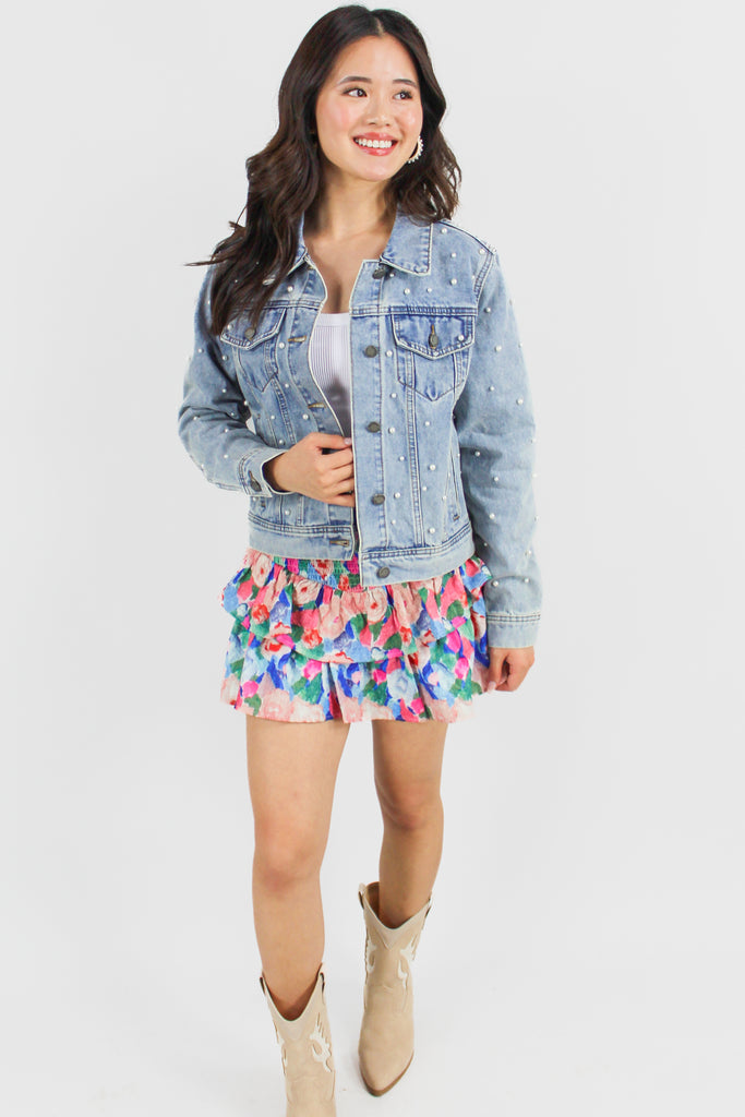 button up denim jacket with pearl embellished details and two front cargo pockets