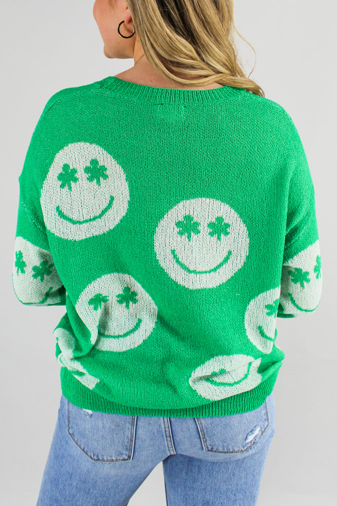 Back view of our Lucky Smiles Knit Sweater in Green