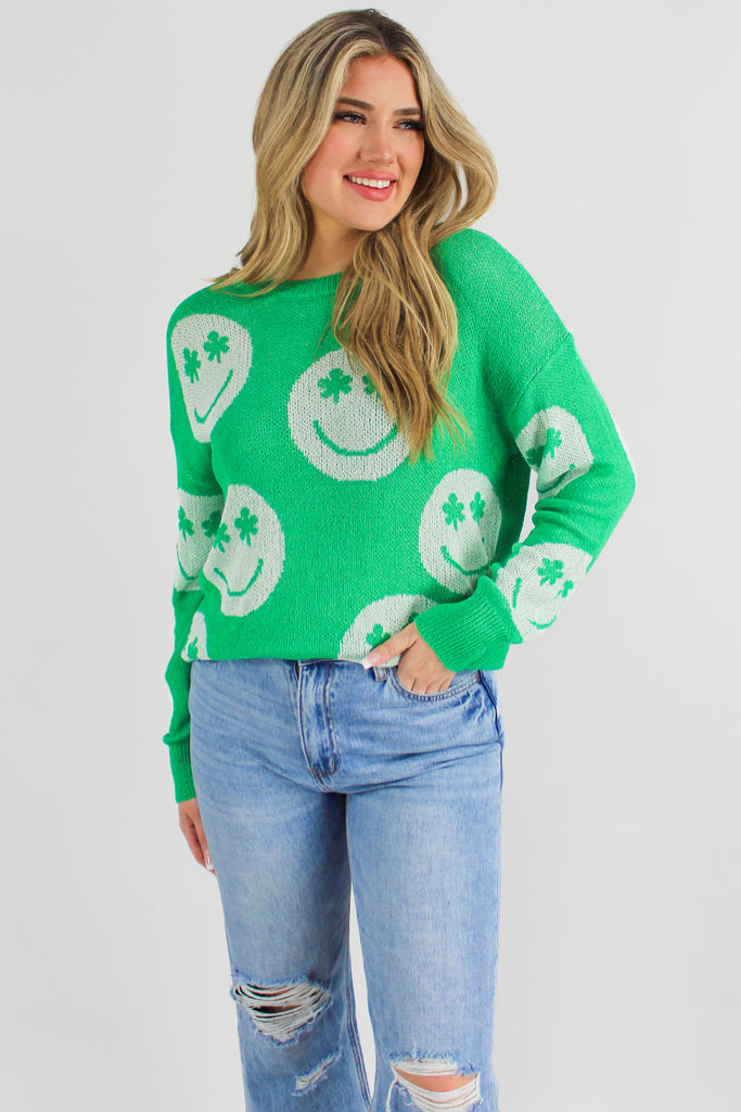 Front view of our Lucky Smiles Sweater in Green