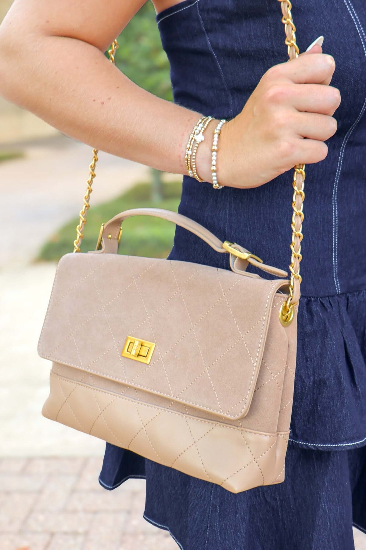 Always Ready Quilted Stitch Detail Top Handle Handbag in Khaki