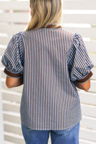 Brown stripe puff sleeve button down top, view 2