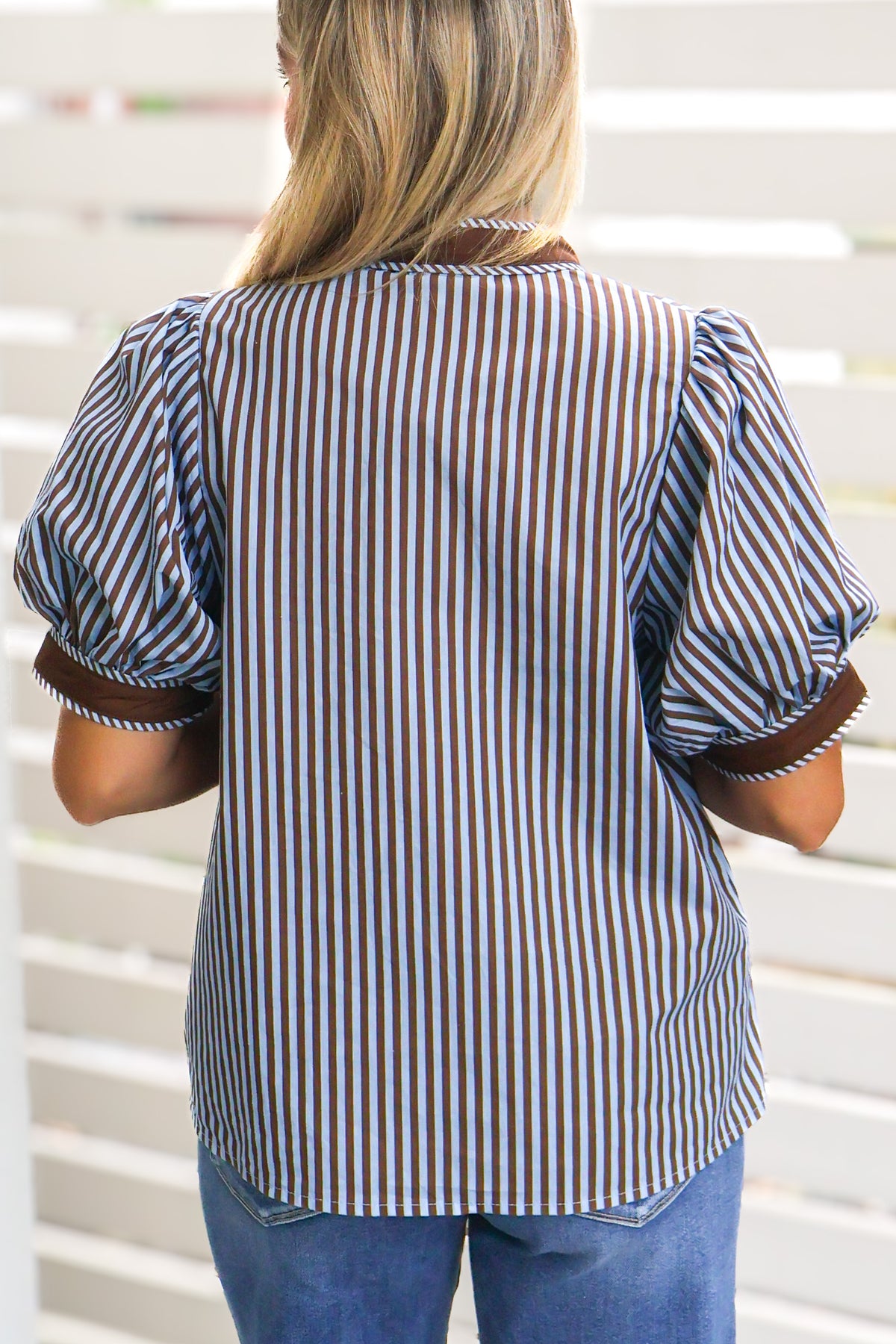 Brown stripe puff sleeve button down top, view 2