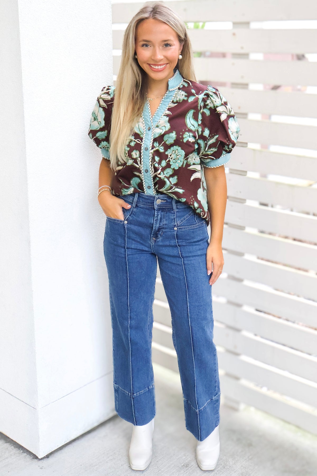 Chocolate floral puff sleeve top