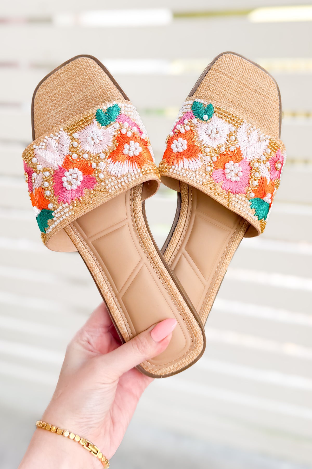 Vacation Muse Beaded Floral Raffia Slide Size 5.5-SHOE SANDALS