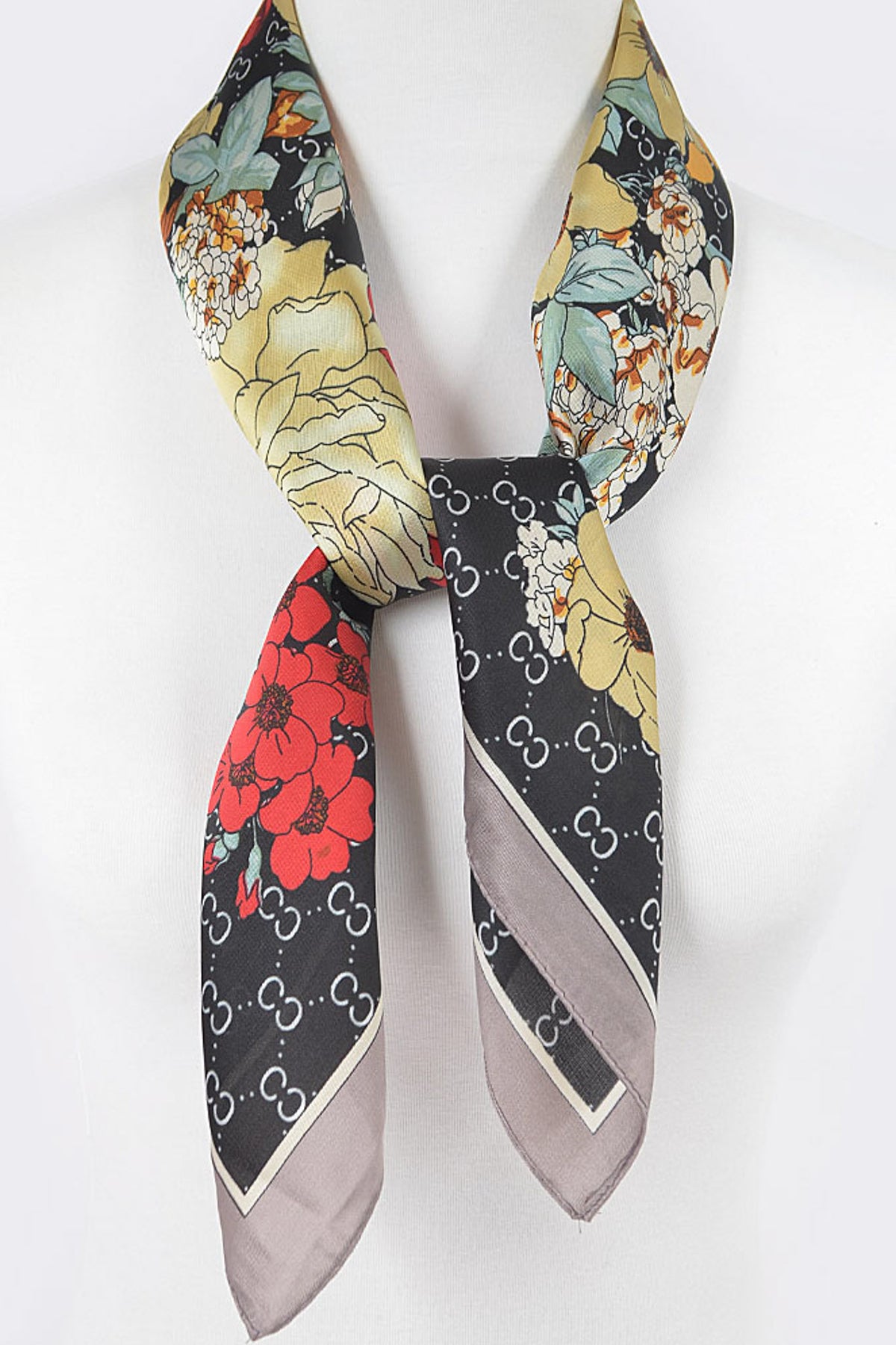 So Darling Floral Print Satin Scarf in Black - close-up