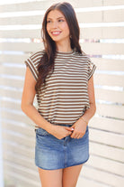 For the Time Being Cuff Sleeve Striped Top in Brown