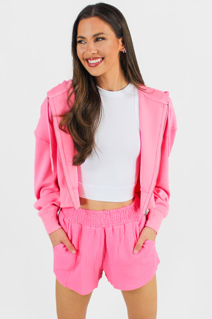 hot pink athletic full-zip cropped jacket shown unzipped