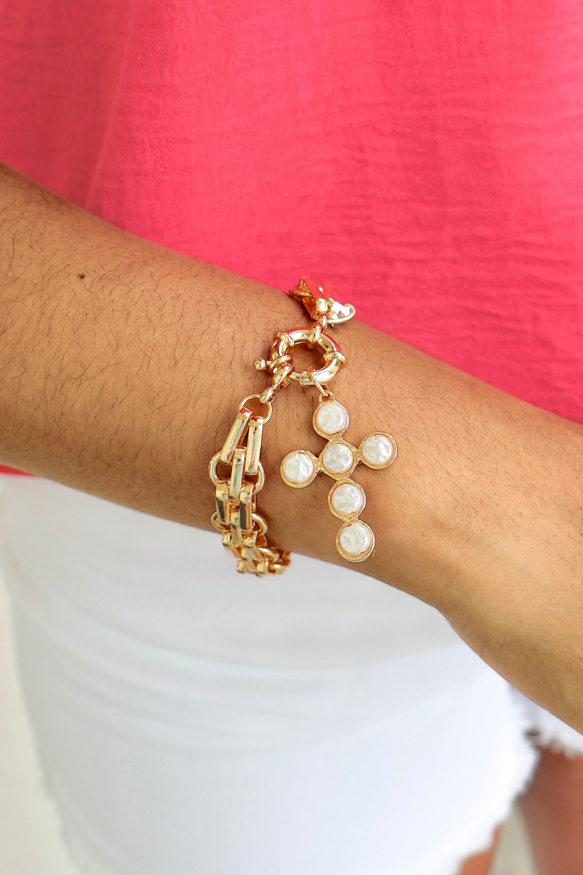 Perfectly Grounded Pearl Cross Double Chain Bracelet-ACC BRACELET