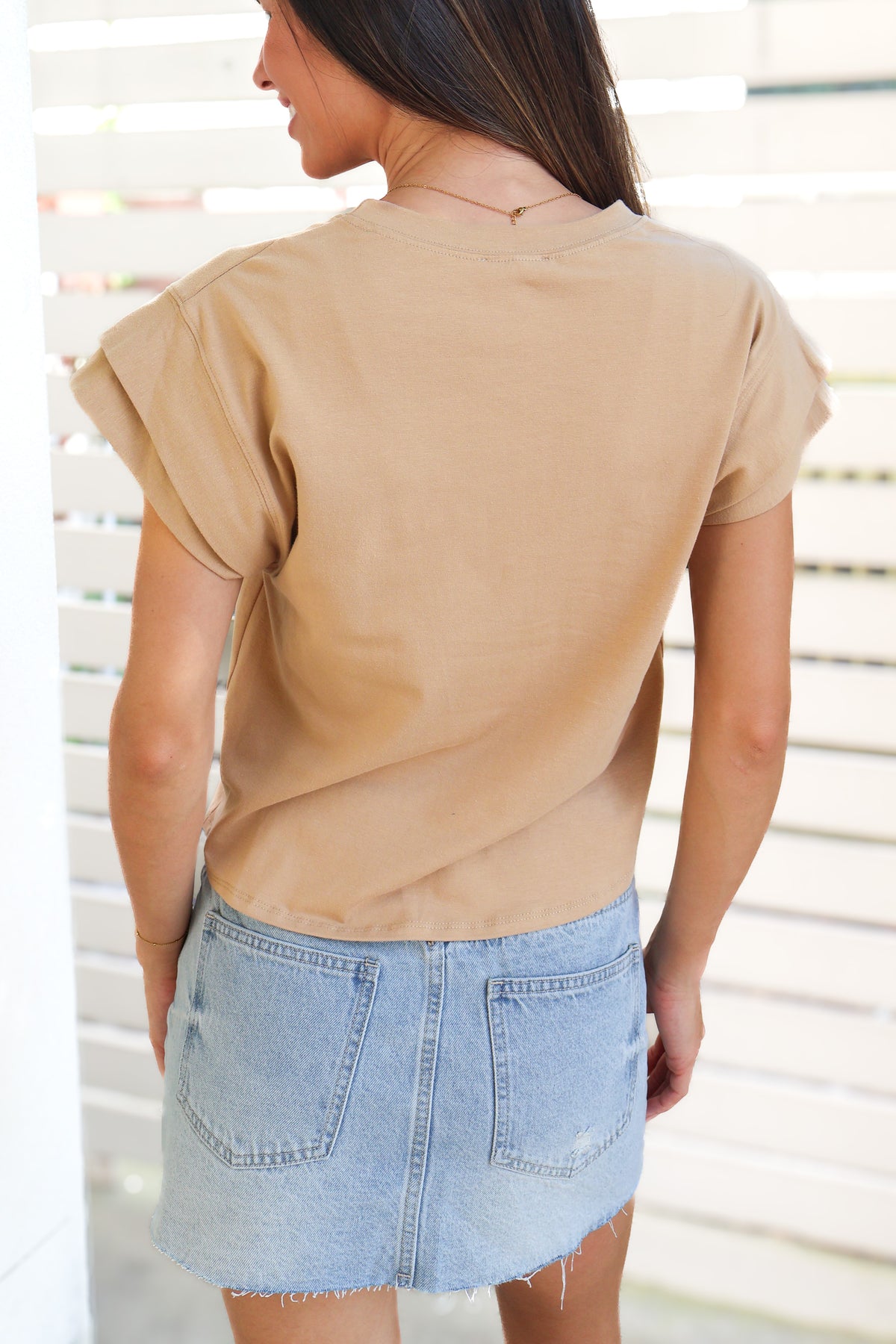 Camel double cap sleeve top, back view