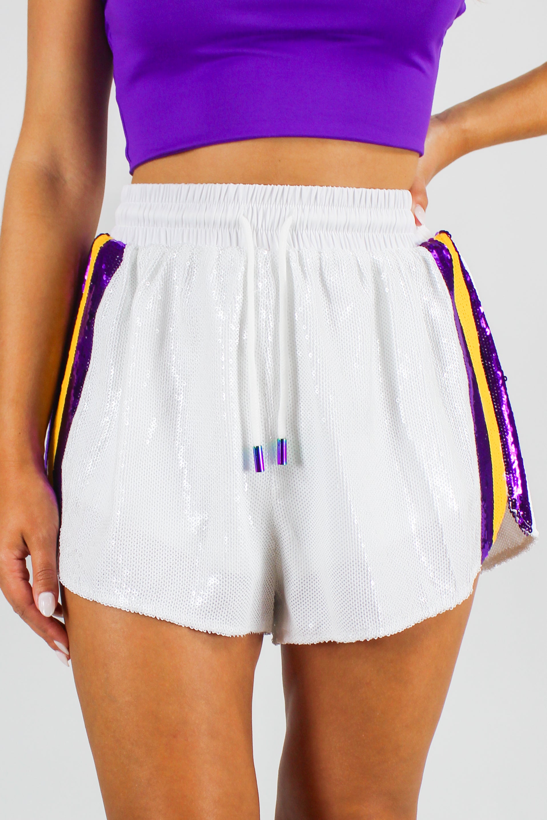 Catching Wins Shorts in Purple White by Queen of Sparkles