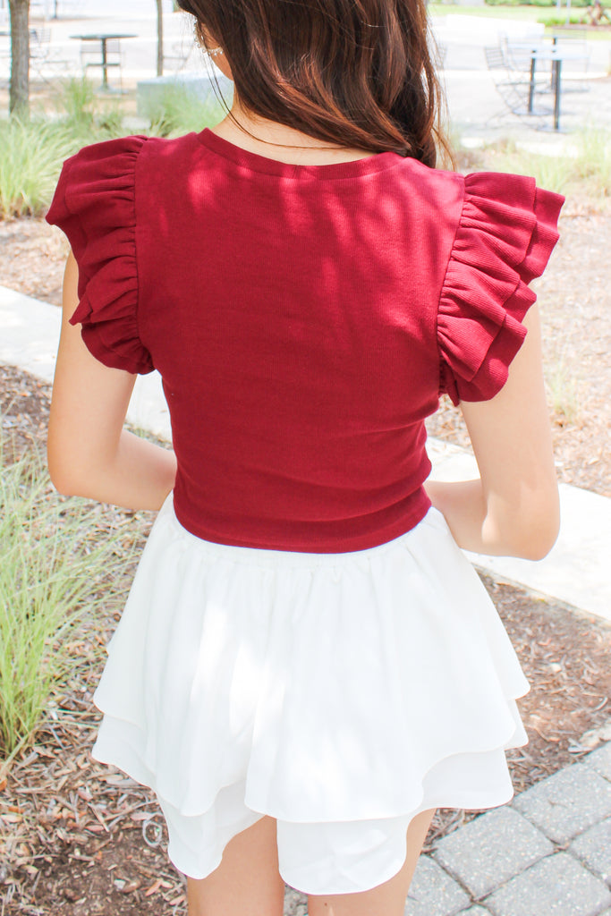 burgundy ribbed ruffle sleeve tank