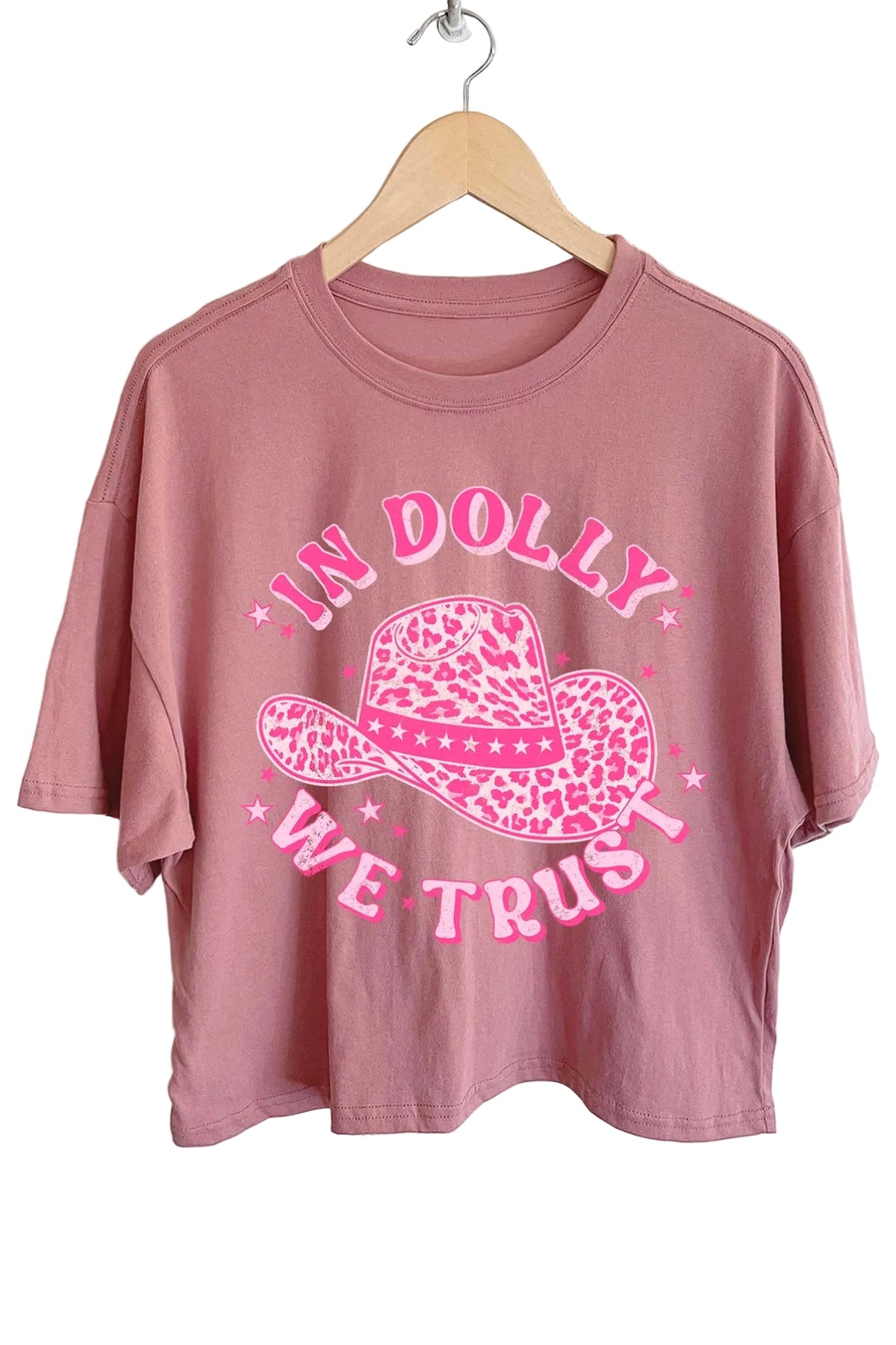 In Dolly We Trust Cowgirl Hat Crop Tee in Dark Coral