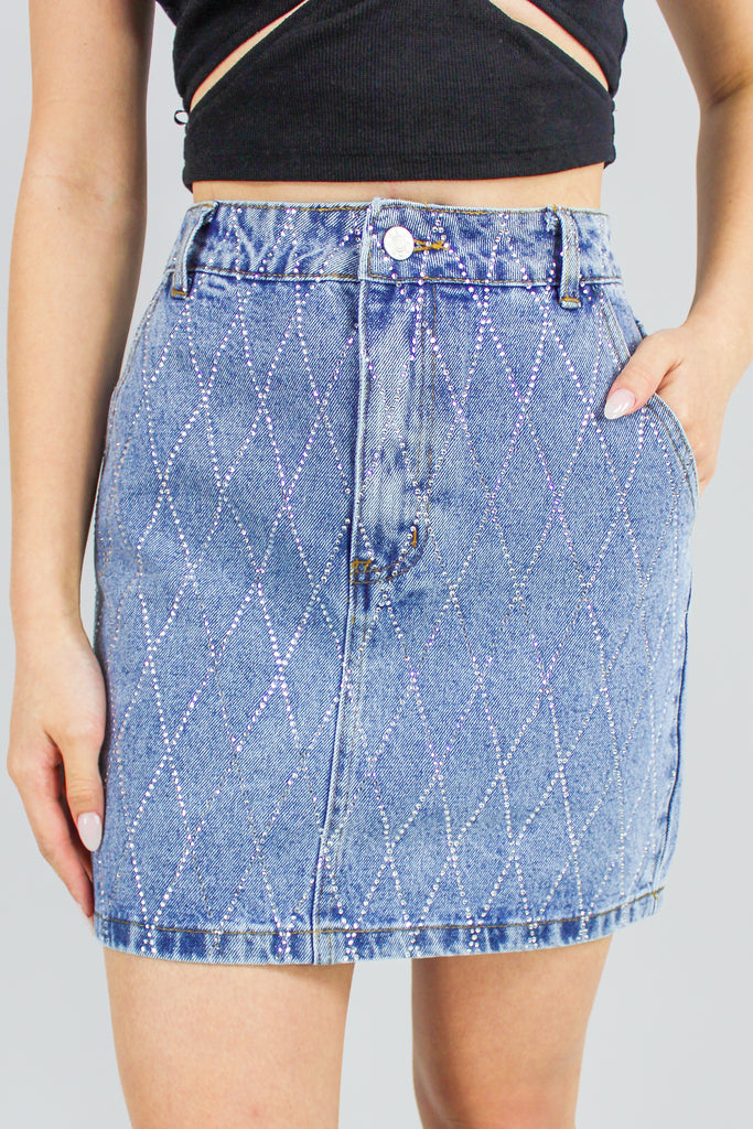 medium denim rhinestone embellished mini skirt