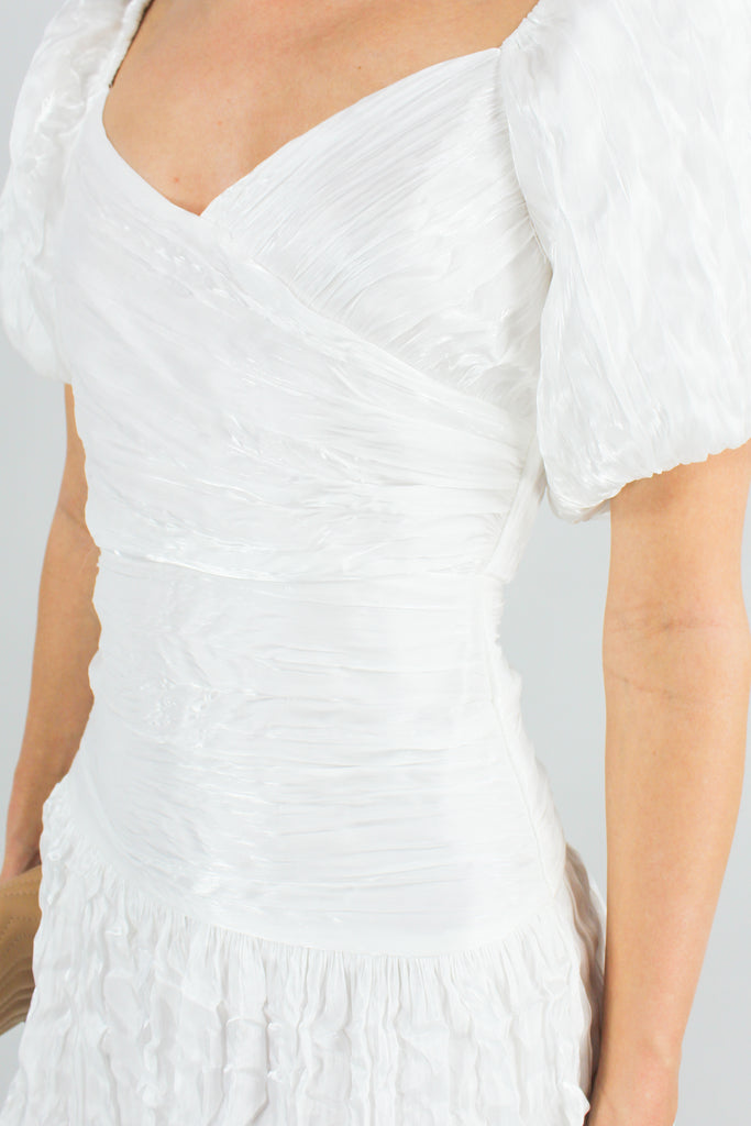 up close view of white satin puff sleeve dress