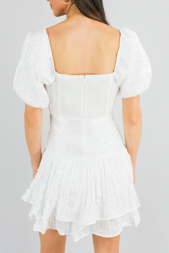 back view of white satin puff sleeve dress