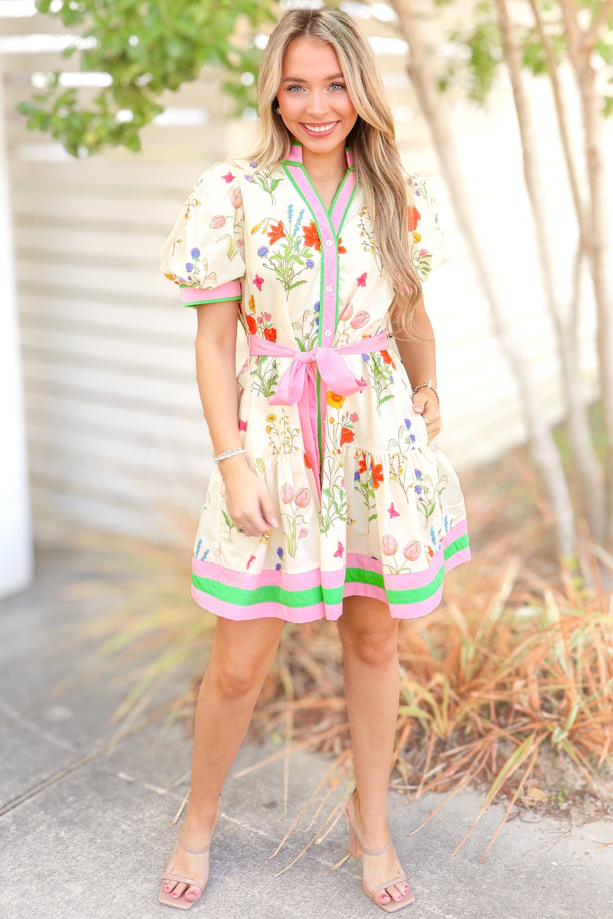 All Up to You Floral Trim Button Down Dress Size L-DRESS CASUAL PRINT