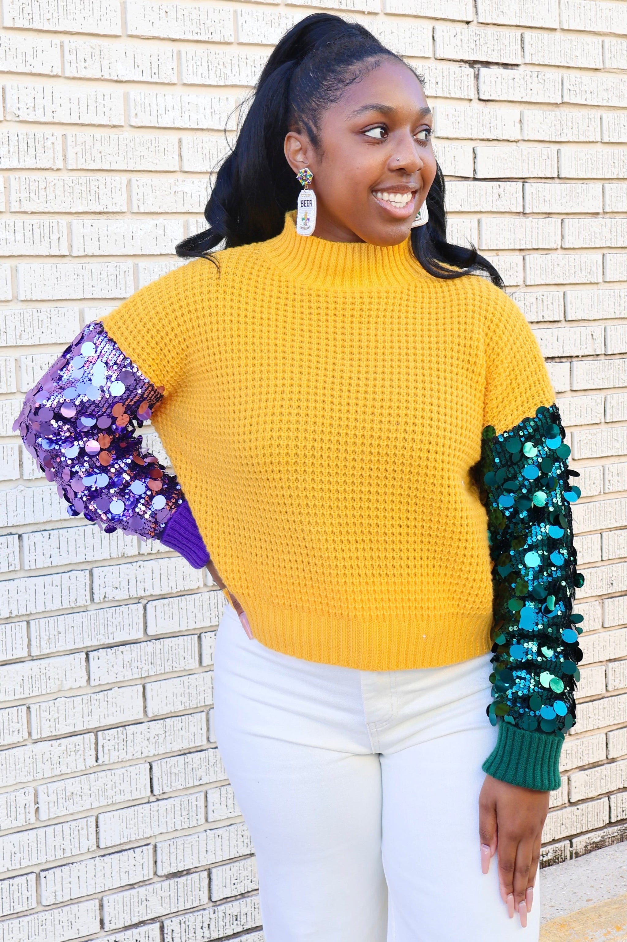Ready To Mardi Cable Knit Sequin Color Block Sweater - Frock Candy