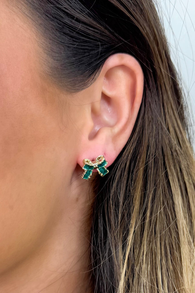 green enamel gold bow stud earrings