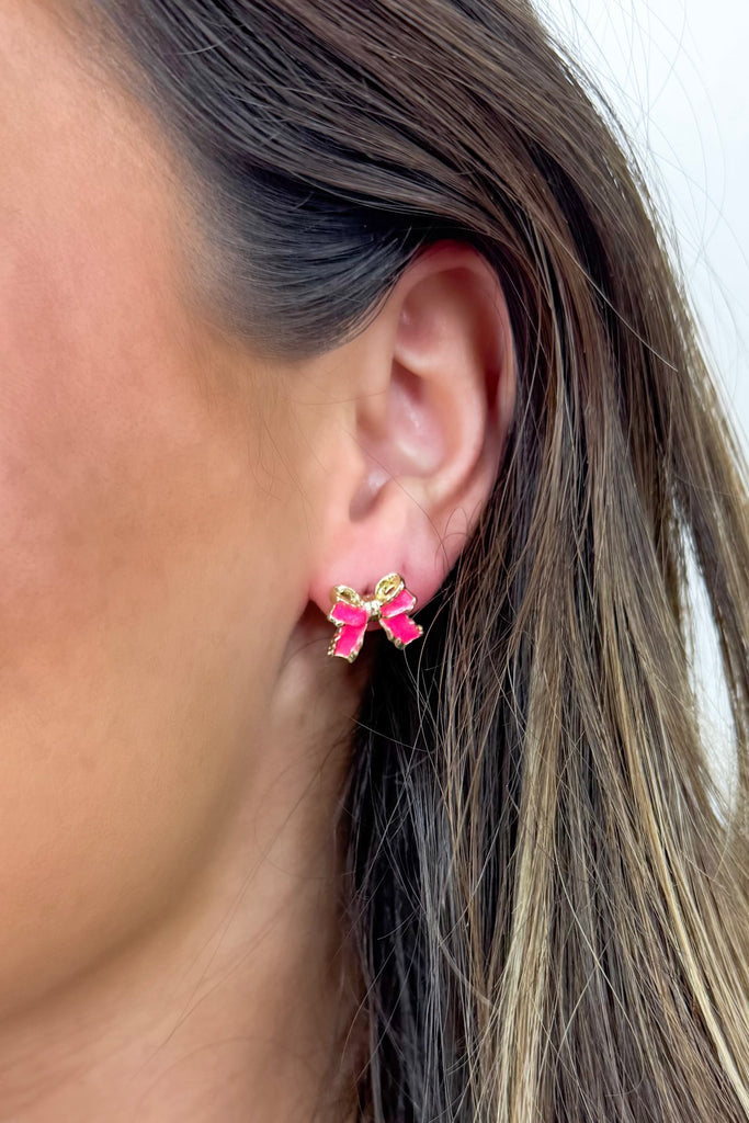 hot pink gold bow stud earrings