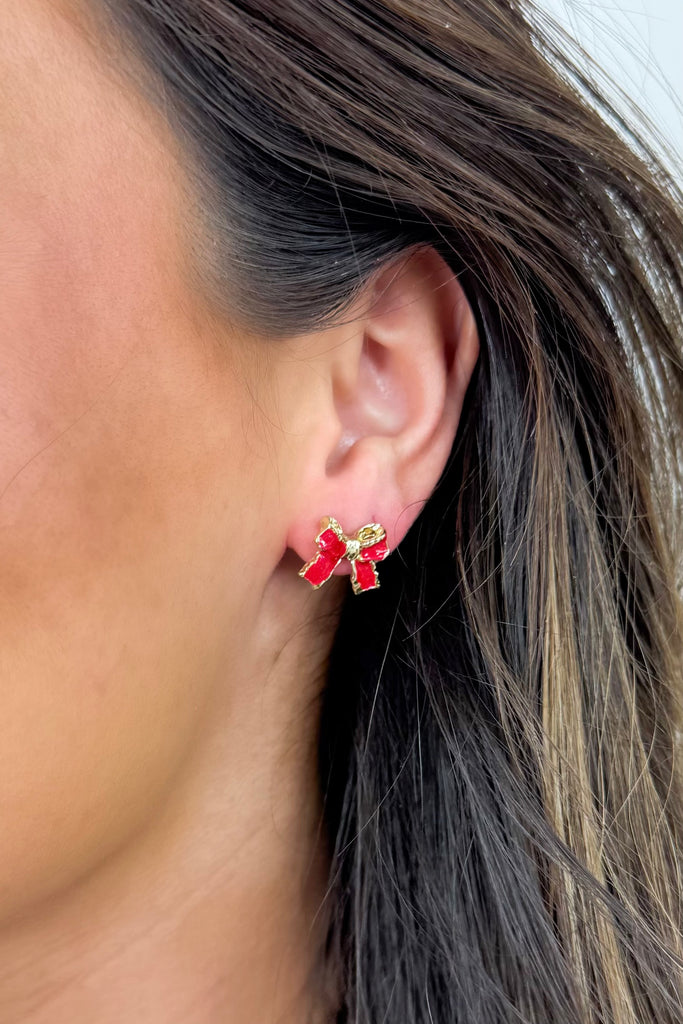 red enamel gold bow stud earrings