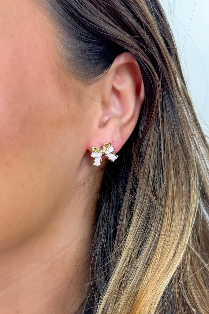 baby pink enamel bow stud earrings