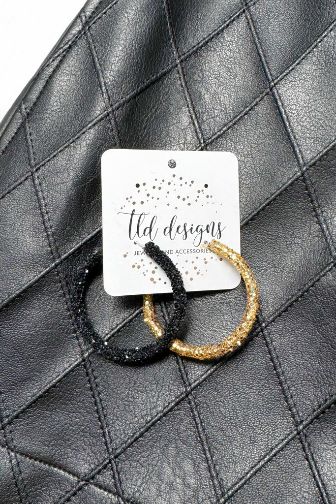 black and gold glitter hoops