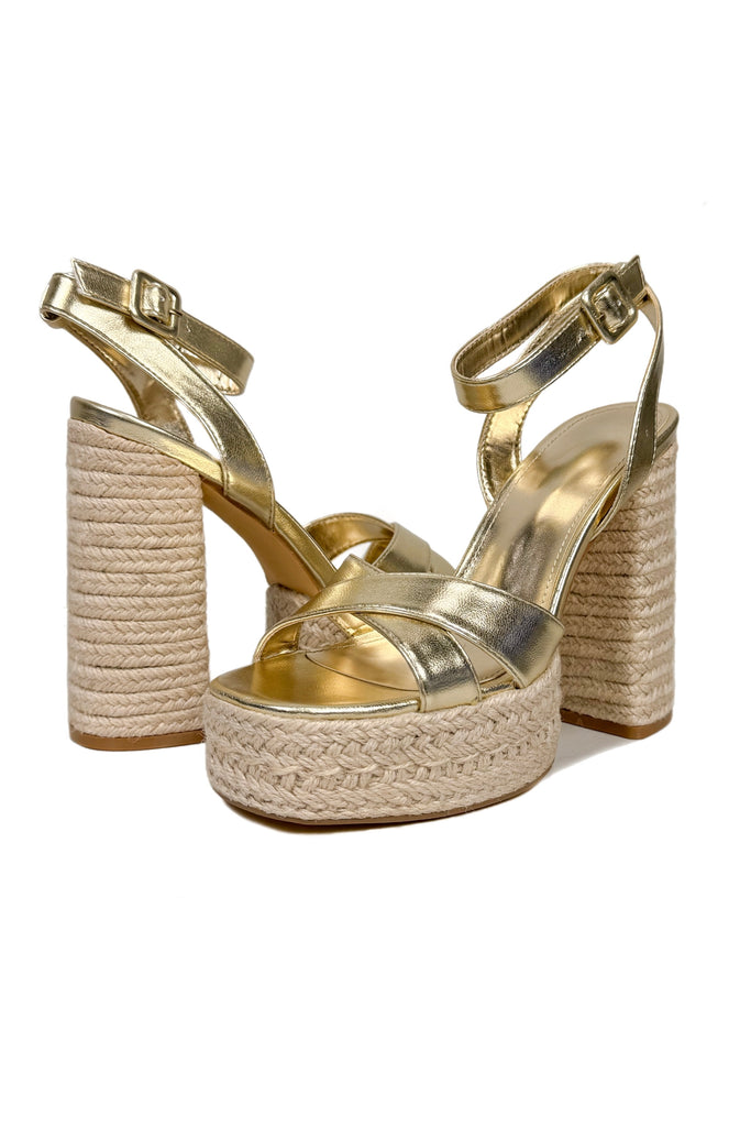 Metallic gold platform high heel with espadrille wrapped bottom 