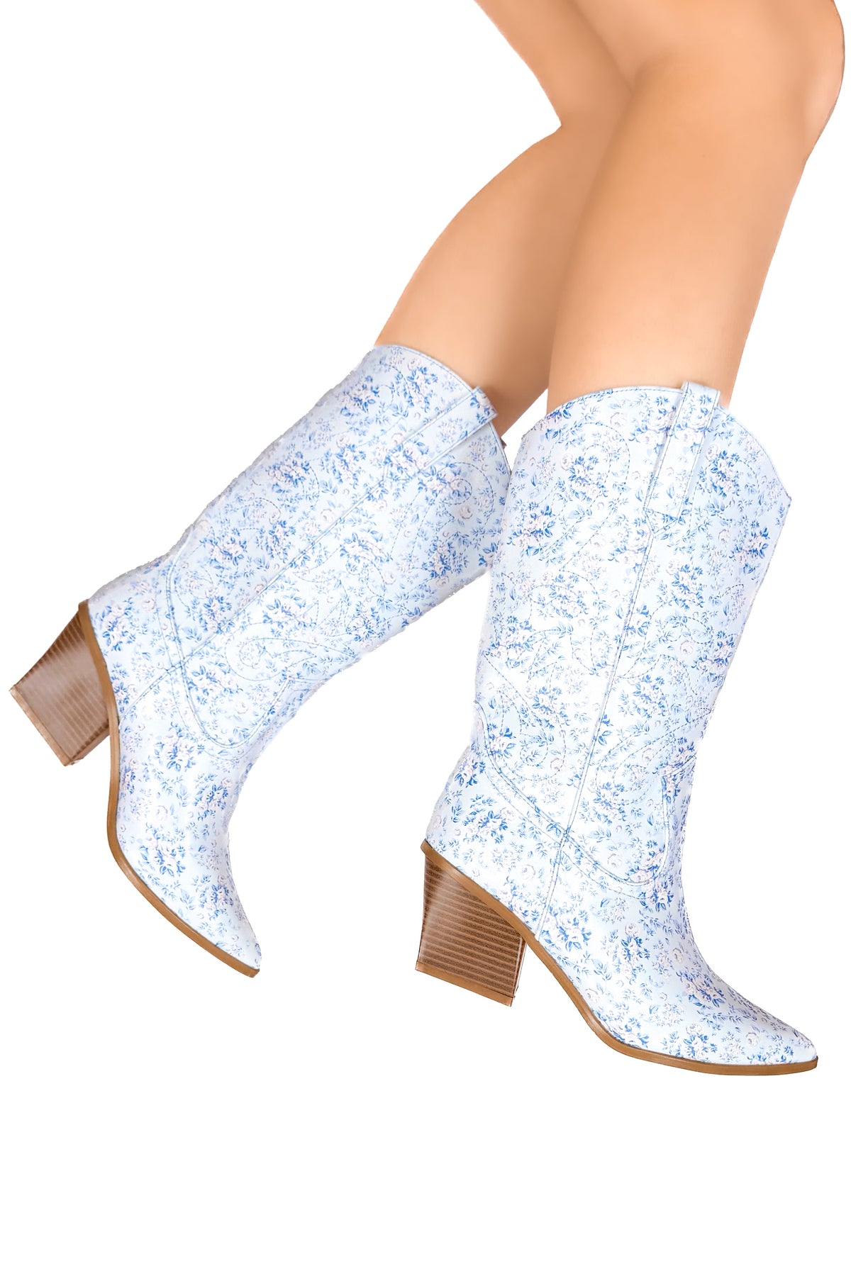 Darling Adventure Floral Western Boot in Blue and White Size 7-SHOE BOOT WESTERN