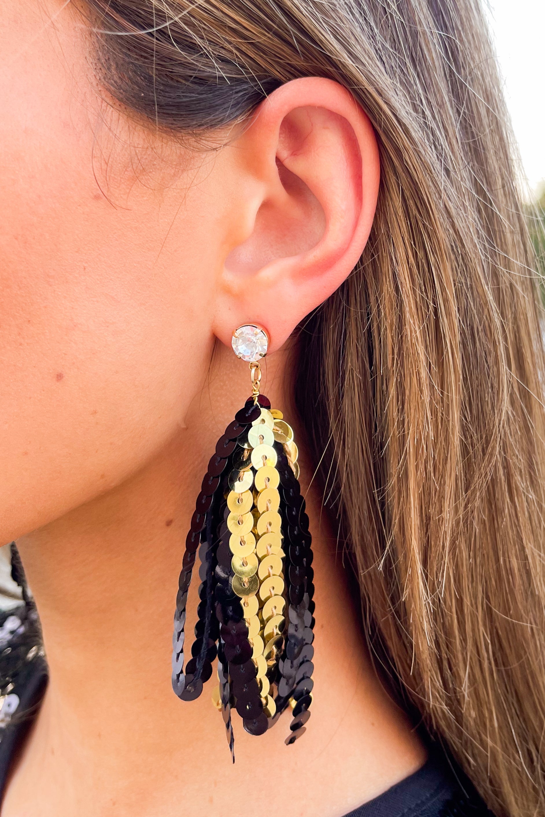 Sequin Tassel Earrings in Black/Gold by Taylor Shaye Frock Candy