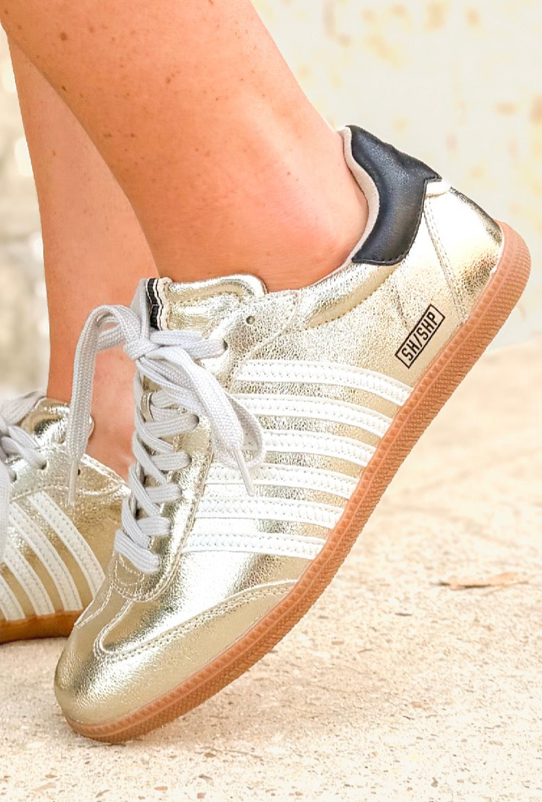 Own the Game Side Stripes Gold Sneakers - close-up