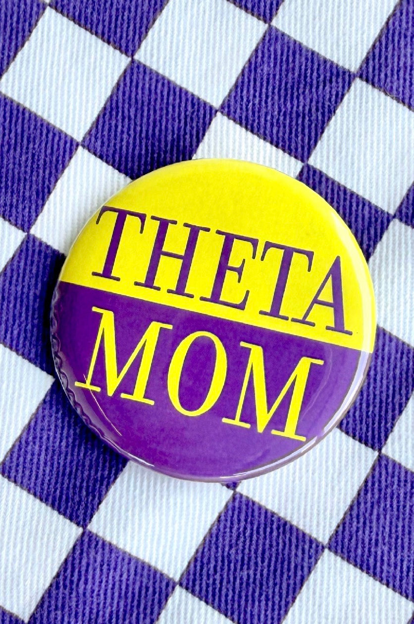 Theta Mom Greek Small Gameday Button close-up
