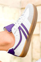 My Comfort Zone Stripe Detail Pleather Sneakers in Purple - close-up