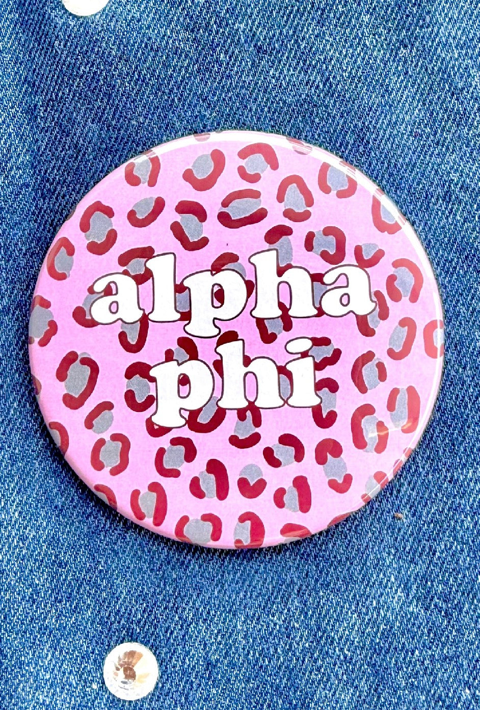 Alpha Phi Leopard Greek Gameday Button close-up