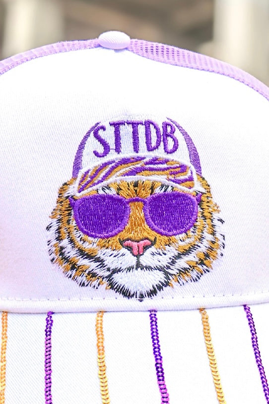 Let the Band Play Neck Sequin Trucker Hat in Purple and White - alternate view